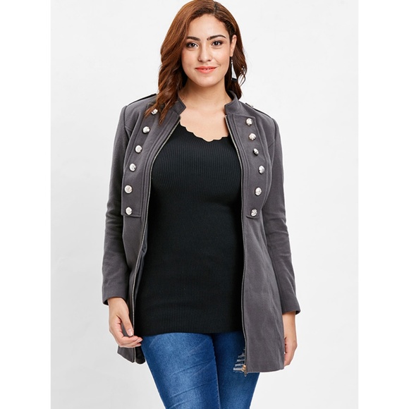 ♠ Dark Gray Plus Size Button Detail Zip Jacket ♠ - Picture 2 of 8